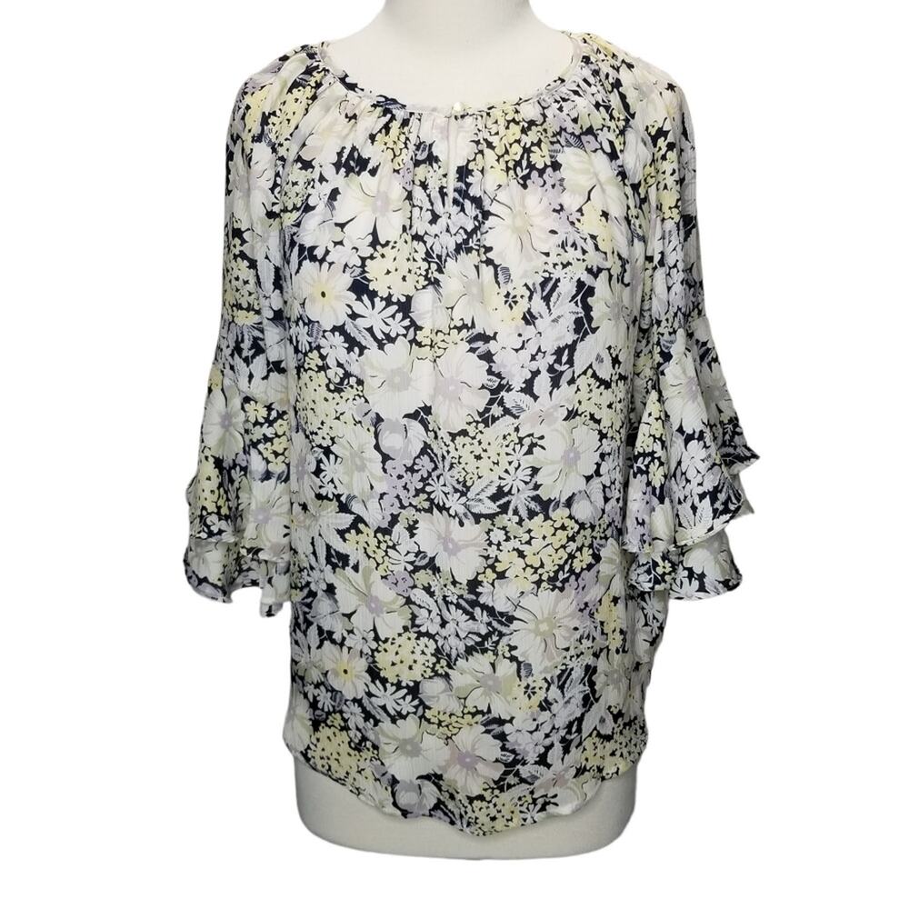 Chaps Top Womens Small Capri Navy & Pearl Floral Keyhole Bell-Sleeve - Picture 2 of 7